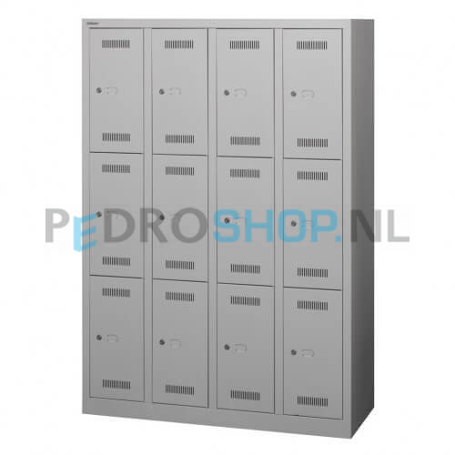 Bisley Monobloc lockerkast, 4-koloms, 12-deurs, lichtgrijs, 118.3 breed