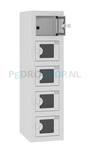 Telefoonlocker HFS, met oplaadfunctie, 1-koloms, 5-deurs, zichtvenster, lichtgrijs