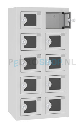 Telefoonlocker HFS, met oplaadfunctie, 2-koloms, 10-deurs, zichtvenster, lichtgrijs