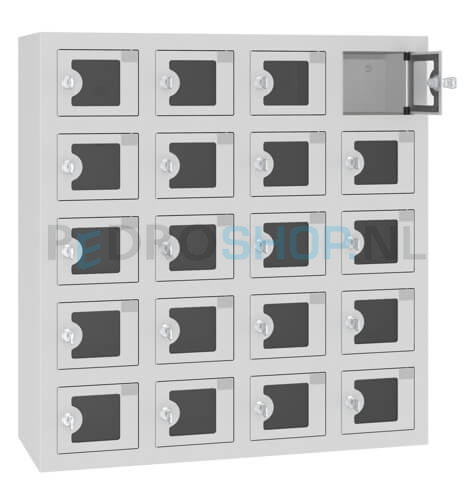 Telefoonlocker HFS, met oplaadfunctie, 4-koloms, 20-deurs, zichtvenster, lichtgrijs